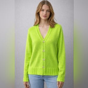 Lime Green V-Neck Button Cardigan Sweater Wool/Cashmere